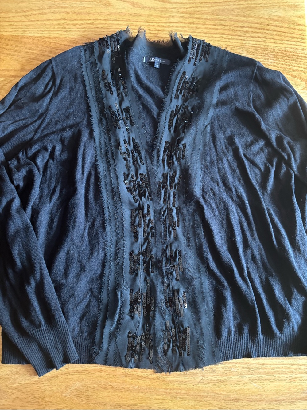 Women’s AK Ann Klein Black Long Sleeve Open Front Fringed Sequined Cardigan 2X